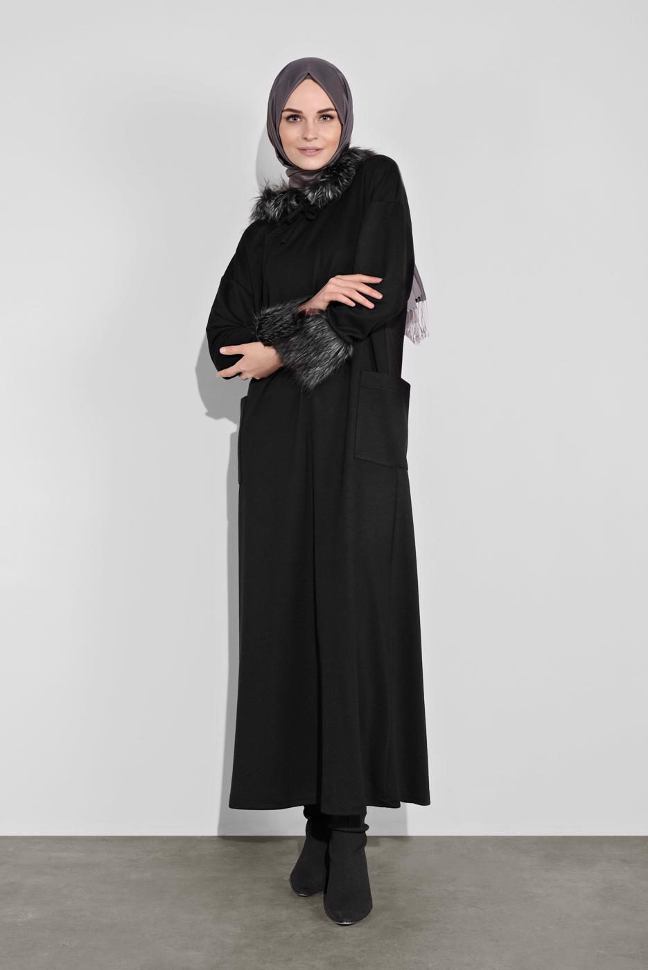 Tesettür giyim SİYAH ALVİNA KÜRK DETAYLI ELBİSE 40412	