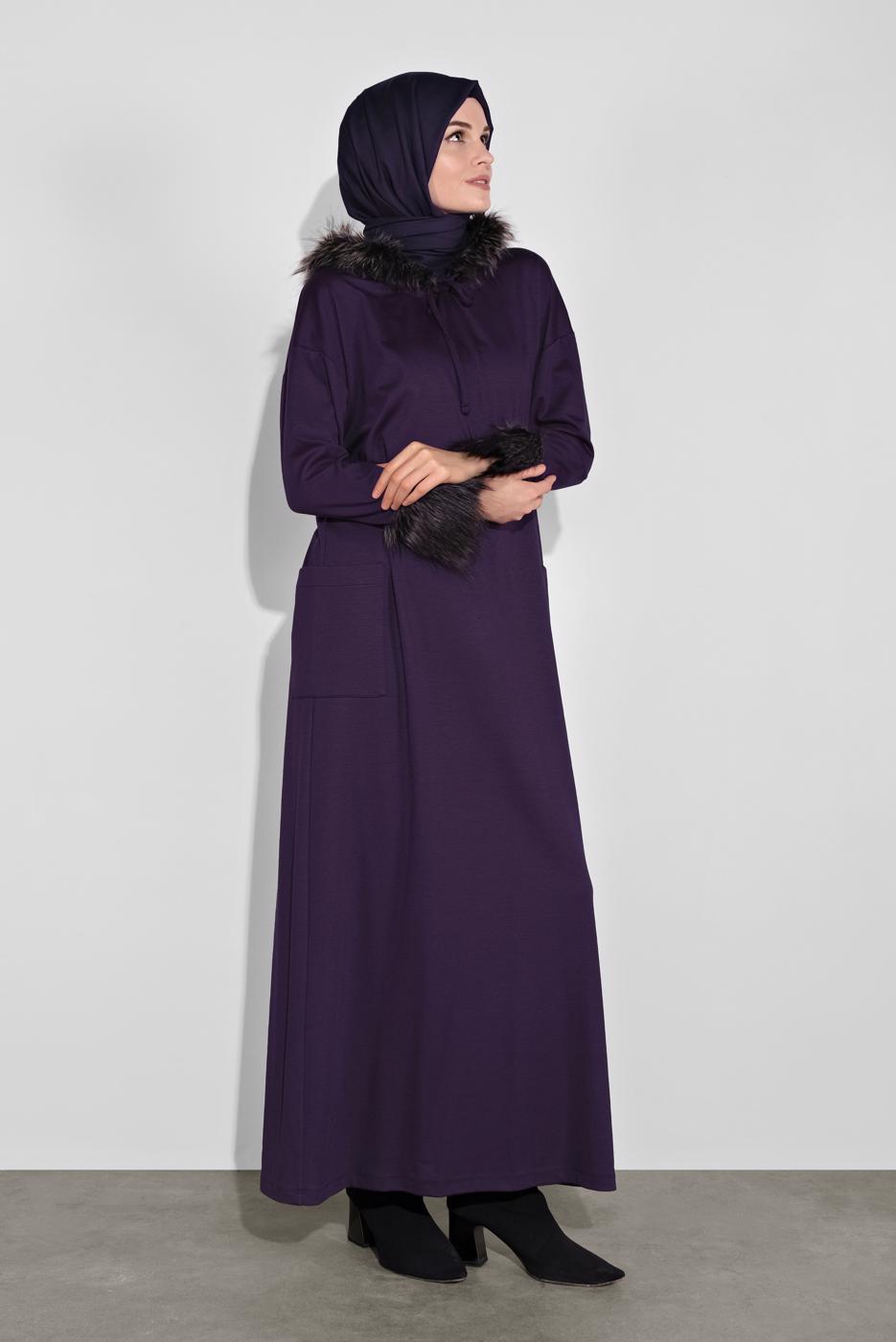 Tesettür giyim MOR ALVİNA KÜRK DETAYLI ELBİSE 40412	
