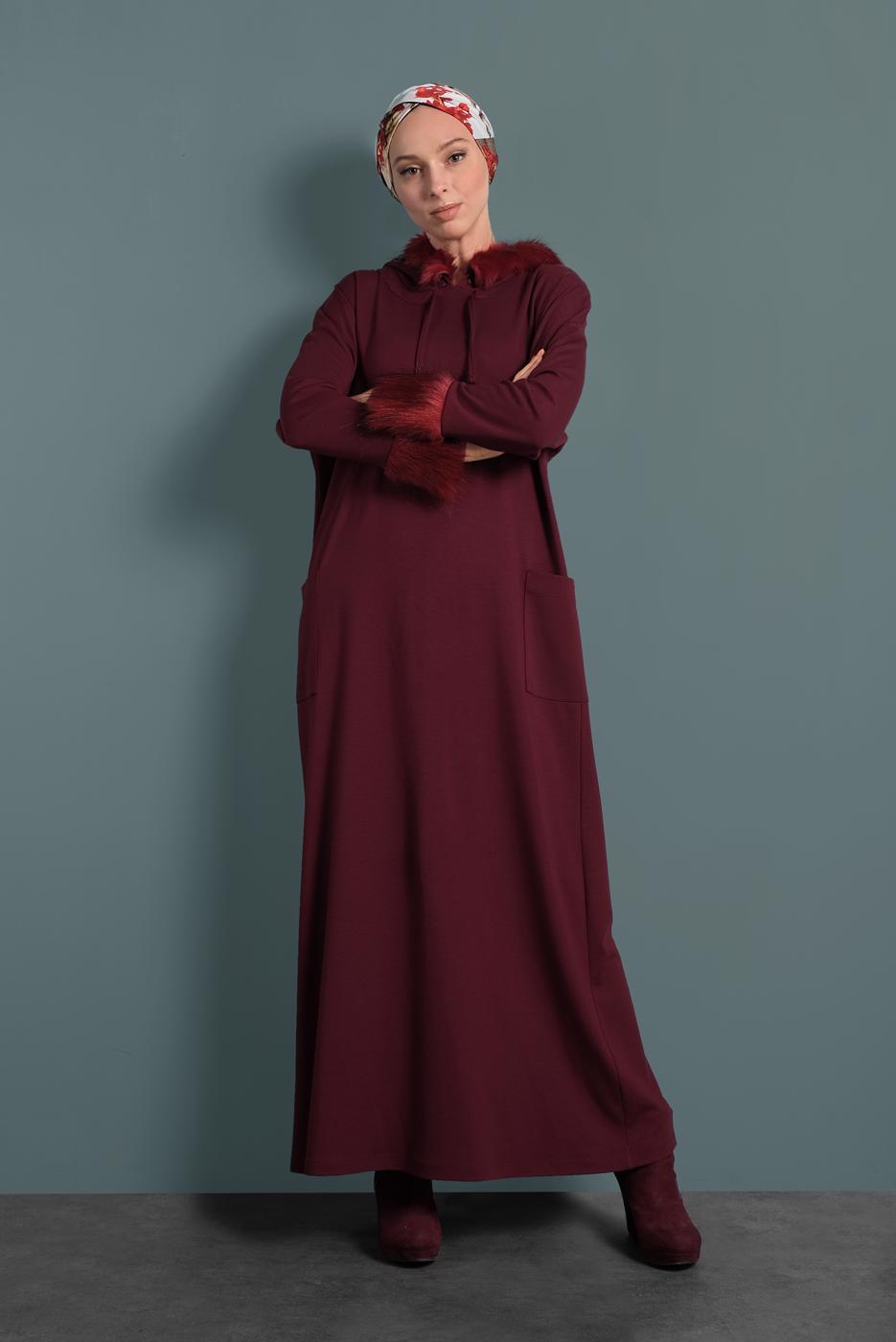 Tesettür giyim BORDO ALVİNA KÜRK DETAYLI ELBİSE 40412	