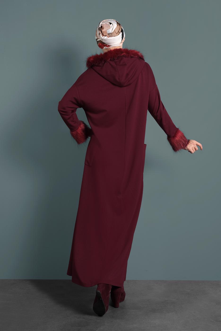 Tesettür giyim BORDO ALVİNA KÜRK DETAYLI ELBİSE 40412	