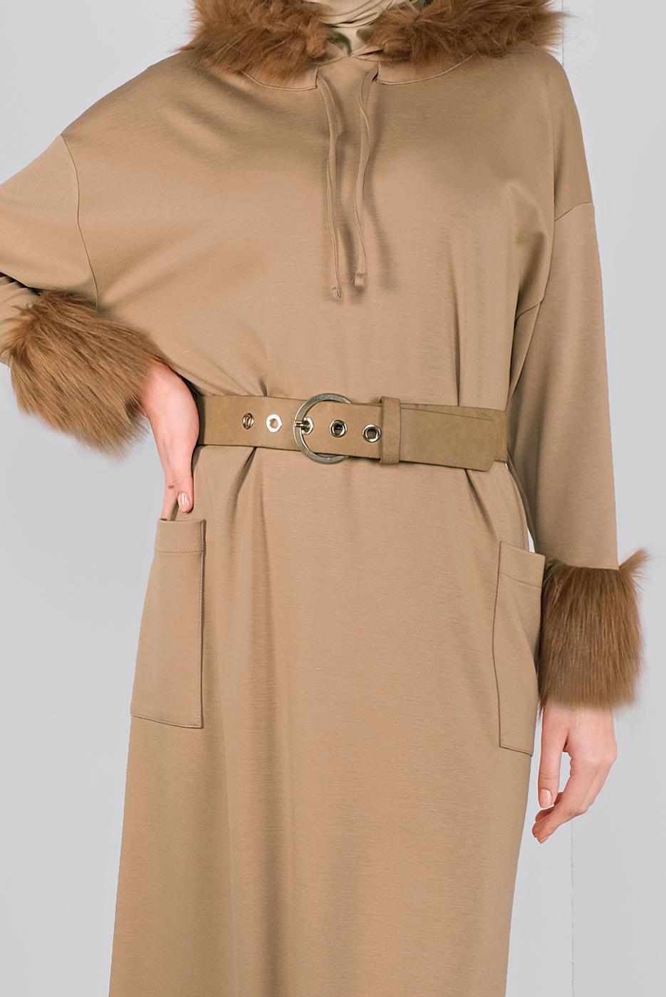 Tesettür giyim BEJ ALVİNA KÜRK DETAYLI ELBİSE 40412	