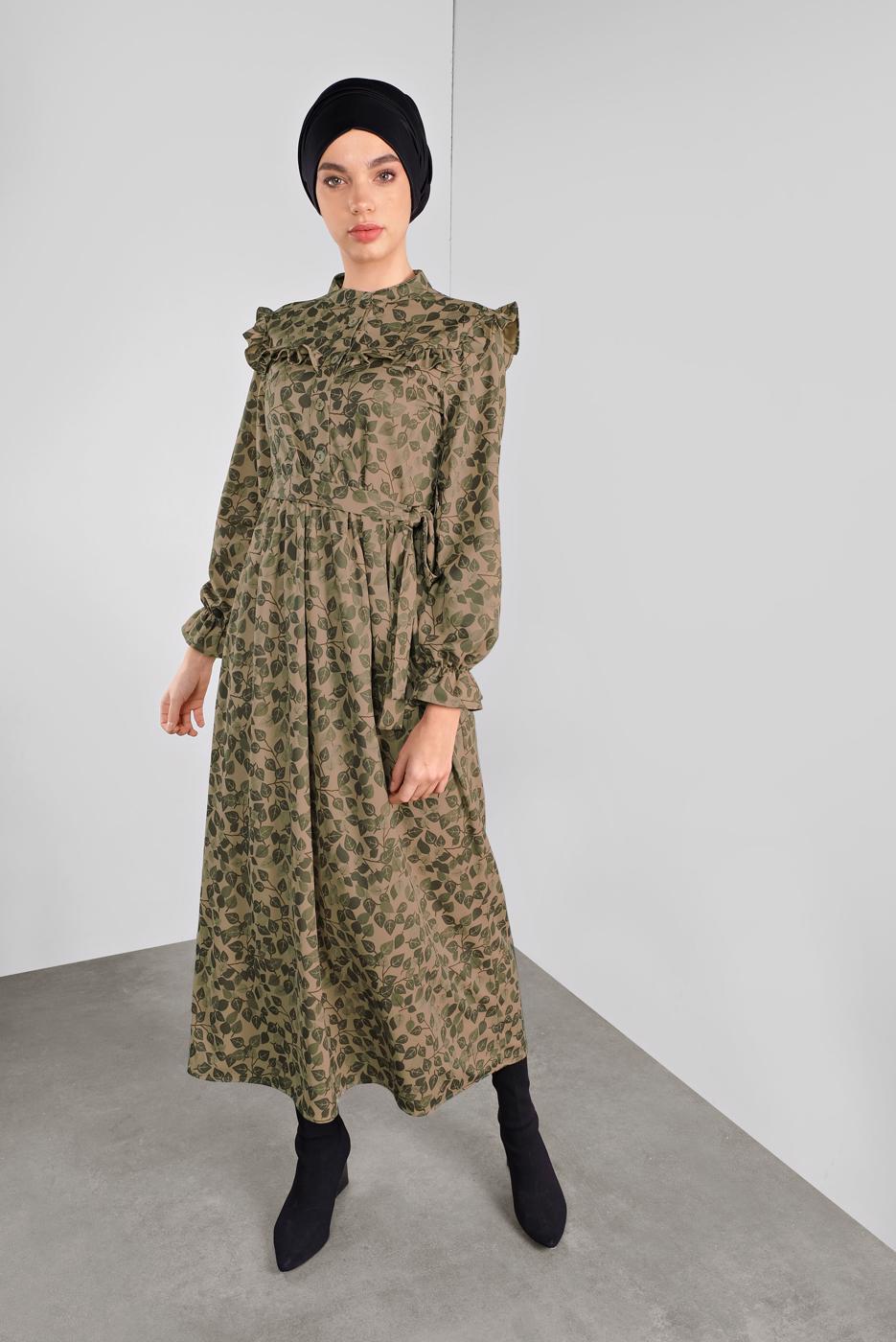 Hijab clothing BEIGE ELASTIC-WAIST PATTERNED DRESS 93001