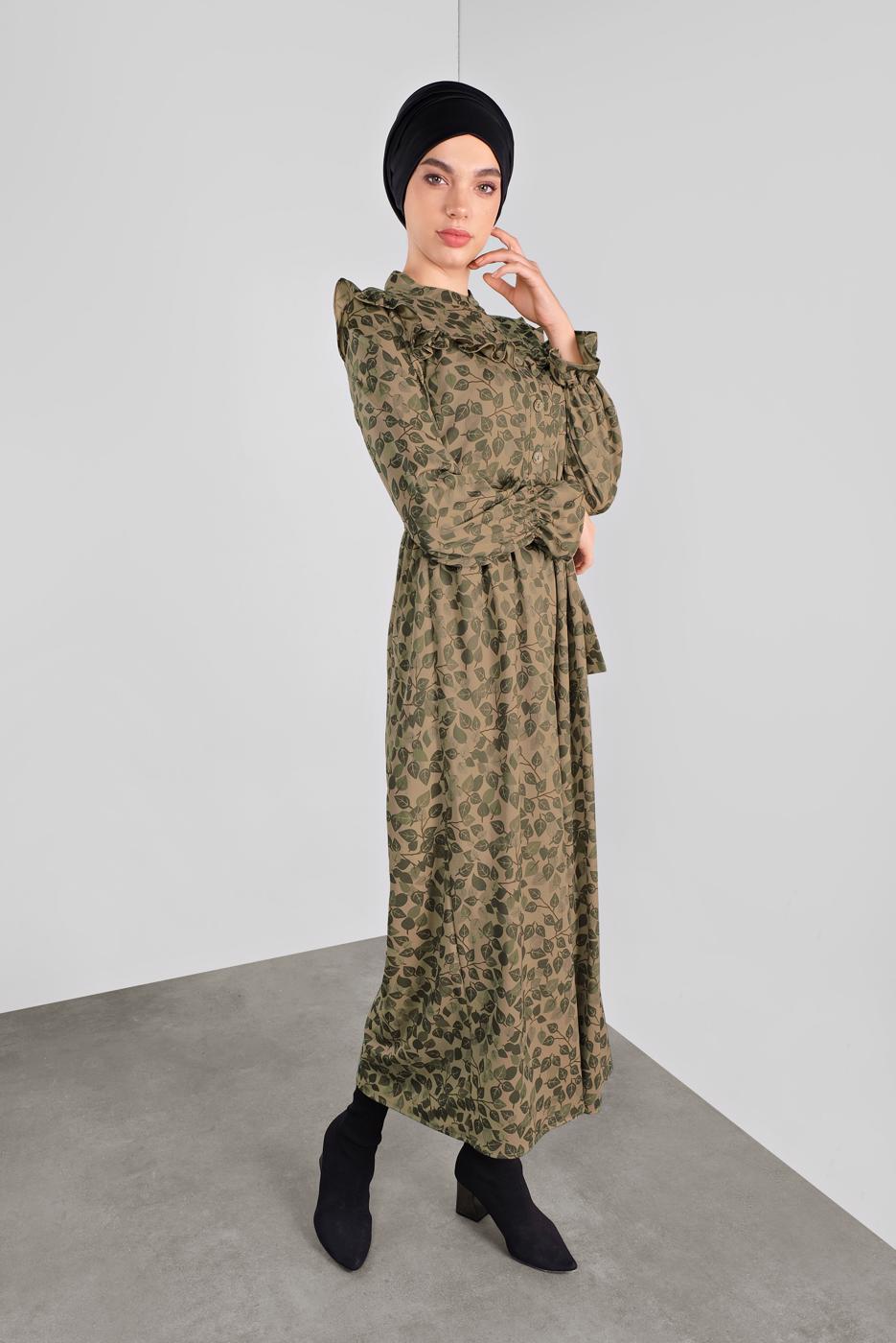 Hijab clothing BEIGE ELASTIC-WAIST PATTERNED DRESS 93001