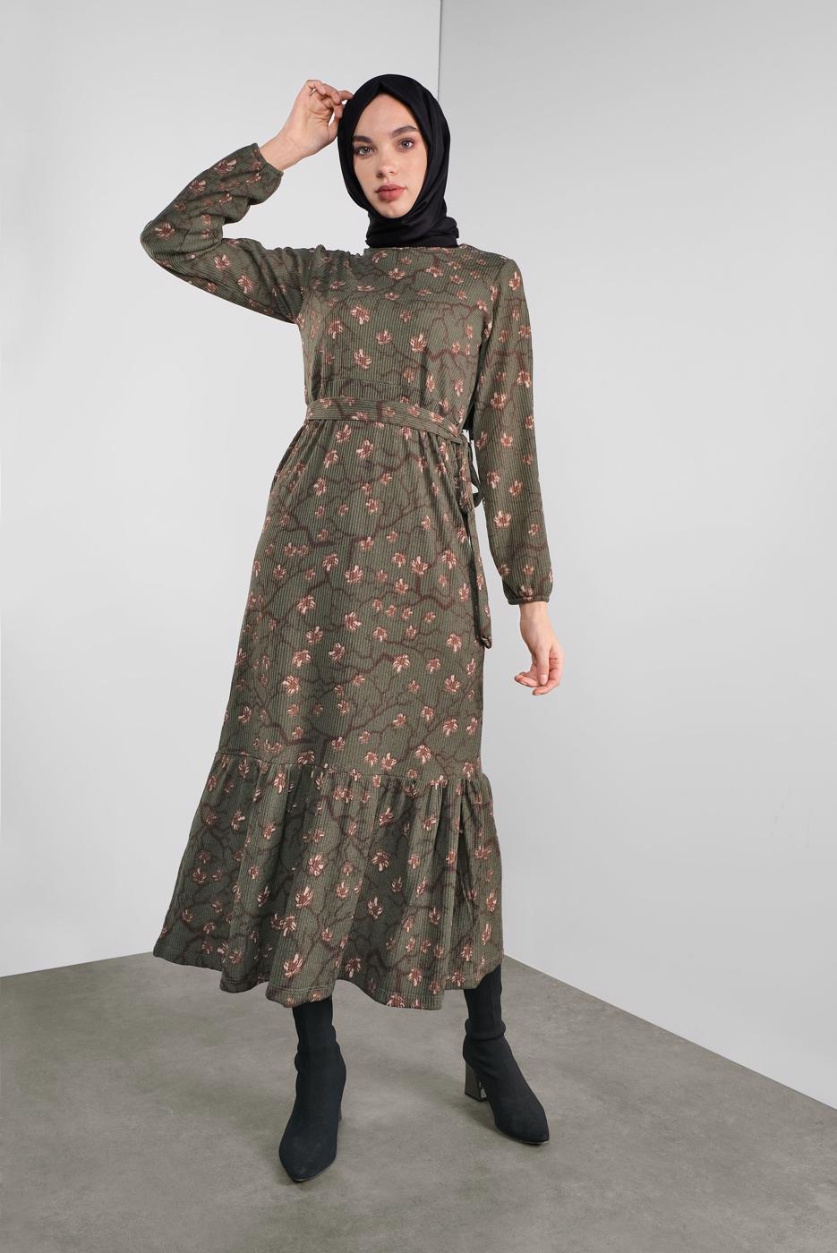 Tesettür giyim HAKİ ÇİÇEK DESENLİ ELBİSE 1446 