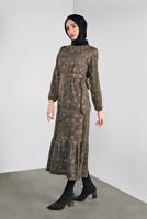 Tesettür giyim HAKİ ÇİÇEK DESENLİ ELBİSE 1446 