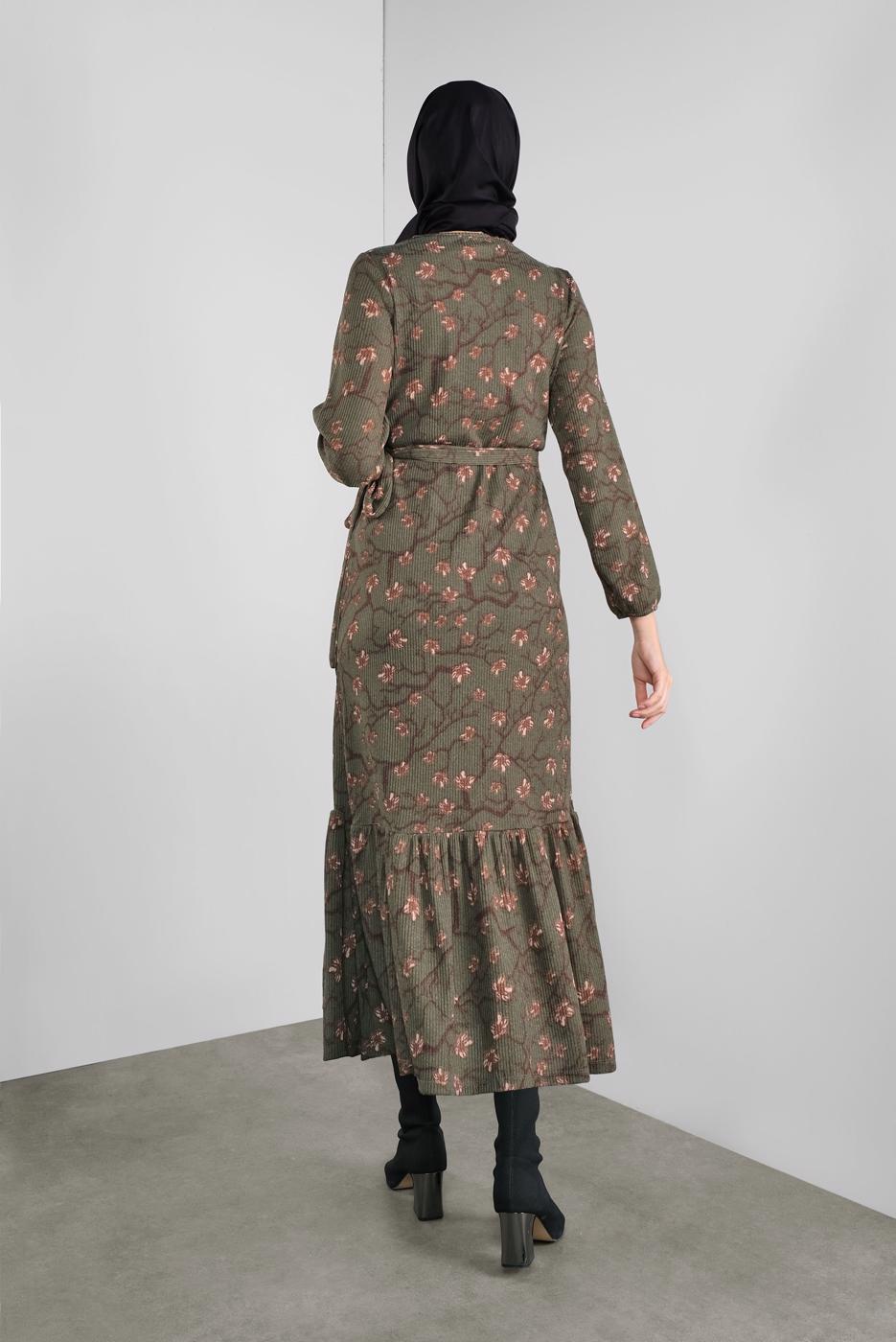 Tesettür giyim HAKİ ÇİÇEK DESENLİ ELBİSE 1446 