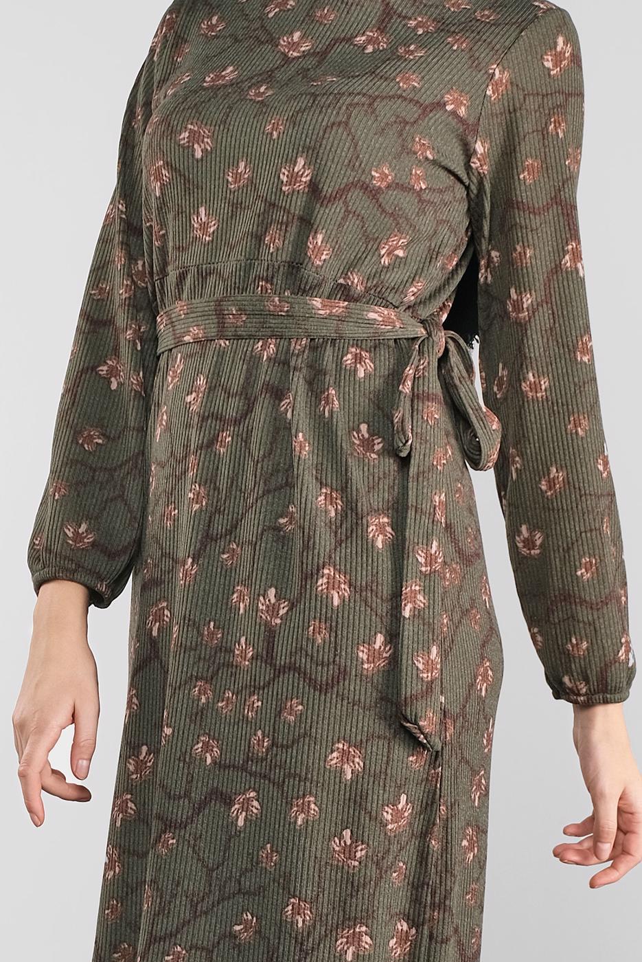 Tesettür giyim HAKİ ÇİÇEK DESENLİ ELBİSE 1446 