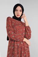 Tesettür giyim KAHVE ÇİÇEK DESENLİ ELBİSE 1446 