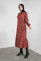 Tesettür giyim KAHVE ÇİÇEK DESENLİ ELBİSE 1446 