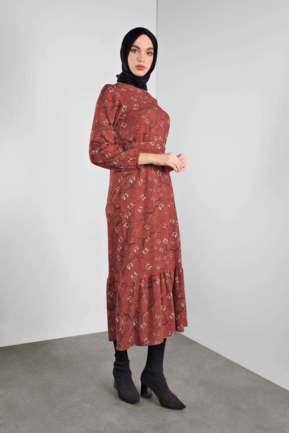 Tesettür giyim KAHVE ÇİÇEK DESENLİ ELBİSE 1446 
