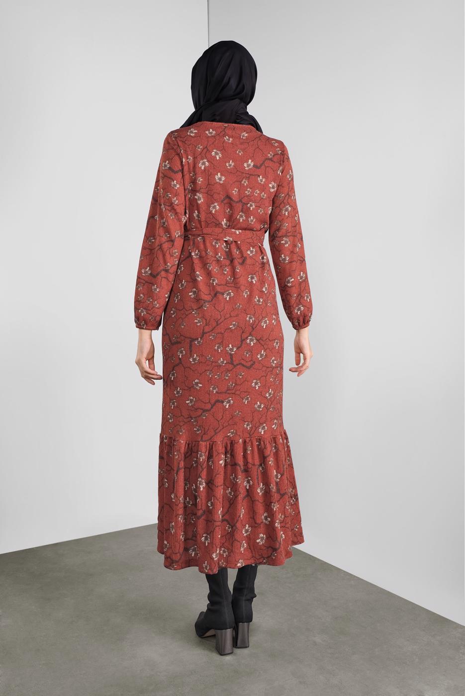 Tesettür giyim KAHVE ÇİÇEK DESENLİ ELBİSE 1446 