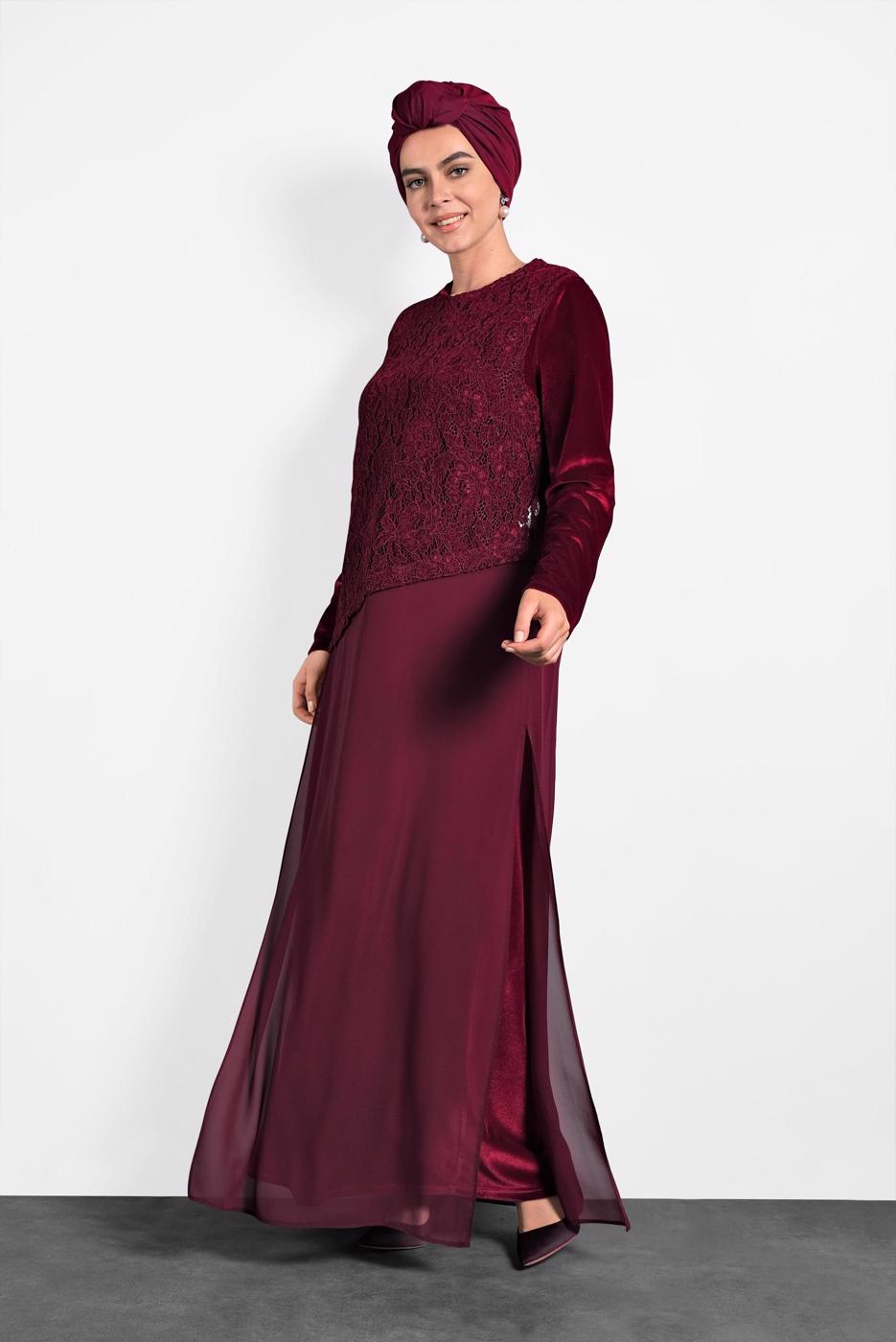 Tesettür giyim BORDO ALVİNA GÜPÜRLÜ ŞİFON ELBİSE T 20021