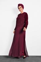 Tesettür giyim BORDO ALVİNA GÜPÜRLÜ ŞİFON ELBİSE T 20021
