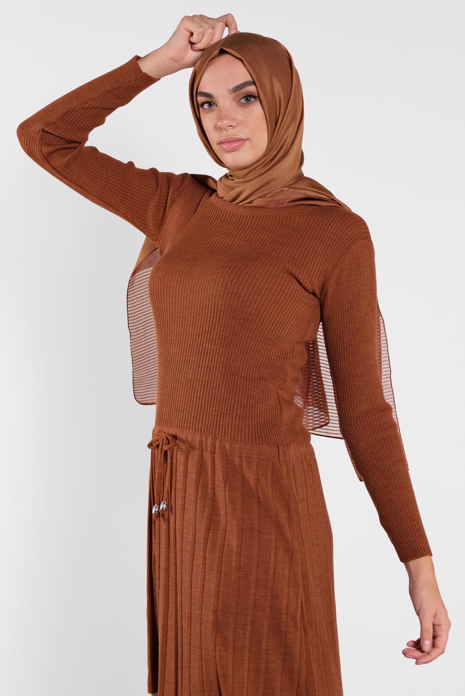 Tesettür giyim TABA FİTİLLİ TRİKO ELBİSE 2202 