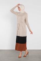 Tesettür giyim BEJ FİTİLLİ TRİKO ELBİSE 2202 