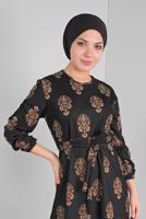 Tesettür giyim SİYAH KUŞAKLI DESENLİ ELBİSE  3234 
