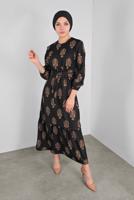 Tesettür giyim SİYAH KUŞAKLI DESENLİ ELBİSE  3234 