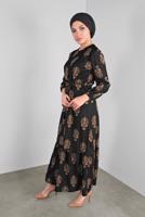 Tesettür giyim SİYAH KUŞAKLI DESENLİ ELBİSE  3234 