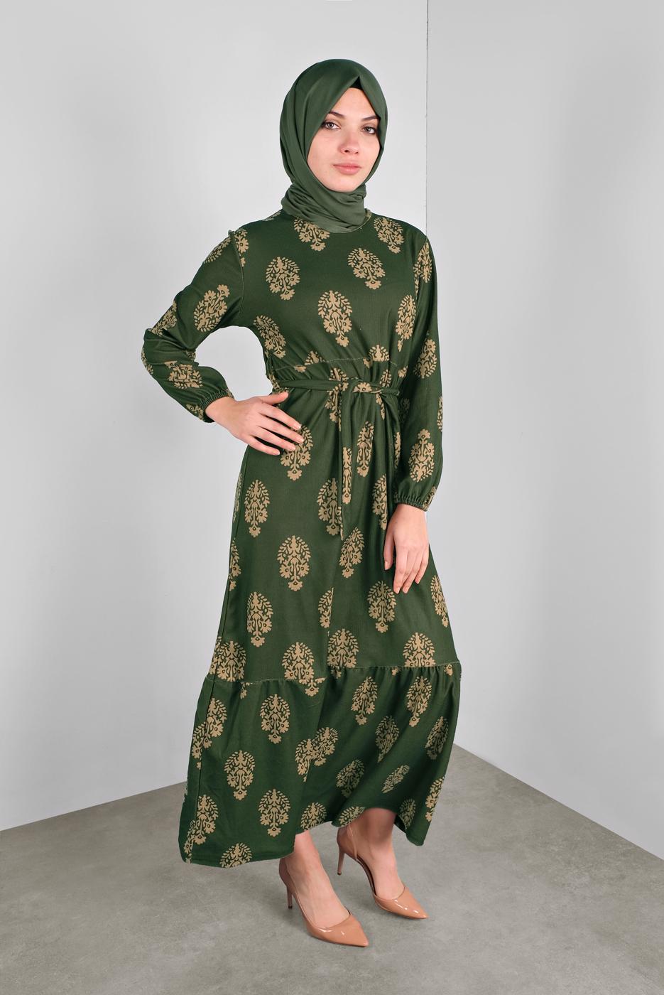 Tesettür giyim YEŞİL KUŞAKLI DESENLİ ELBİSE  3234 