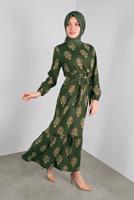 Tesettür giyim YEŞİL KUŞAKLI DESENLİ ELBİSE  3234 
