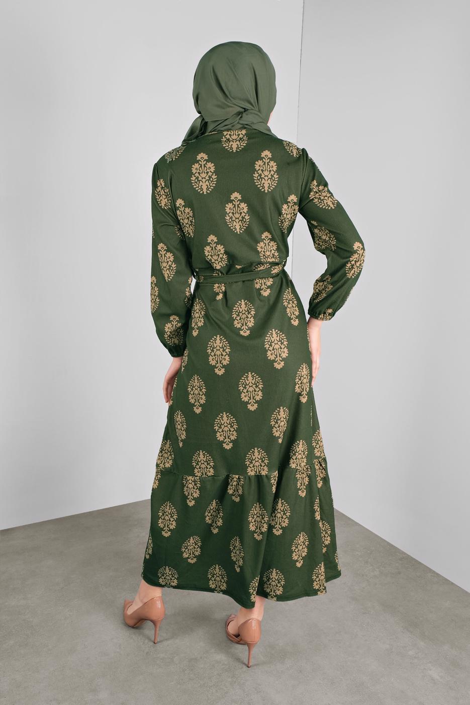 Tesettür giyim YEŞİL KUŞAKLI DESENLİ ELBİSE  3234 