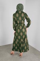 Tesettür giyim YEŞİL KUŞAKLI DESENLİ ELBİSE  3234 