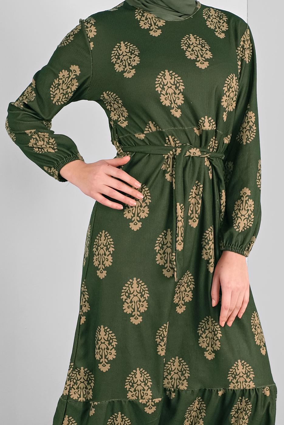 Tesettür giyim YEŞİL KUŞAKLI DESENLİ ELBİSE  3234 