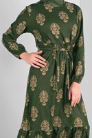 Tesettür giyim YEŞİL KUŞAKLI DESENLİ ELBİSE  3234 