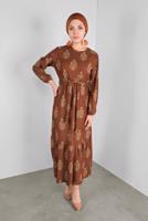 Tesettür giyim KAHVE KUŞAKLI DESENLİ ELBİSE  3234 