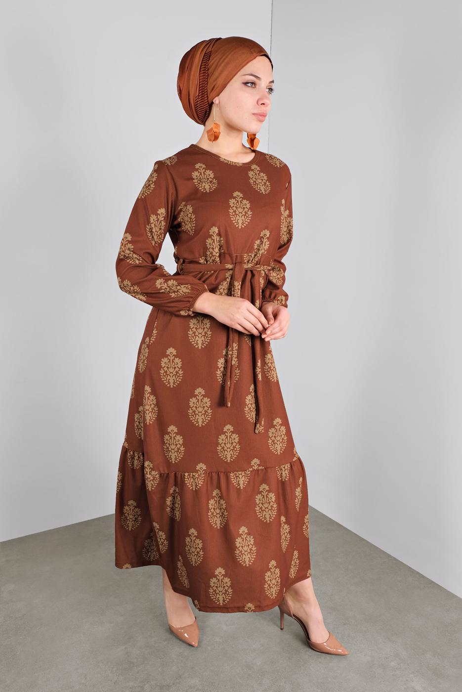 Tesettür giyim KAHVE KUŞAKLI DESENLİ ELBİSE  3234 