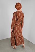 Tesettür giyim KAHVE KUŞAKLI DESENLİ ELBİSE  3234 