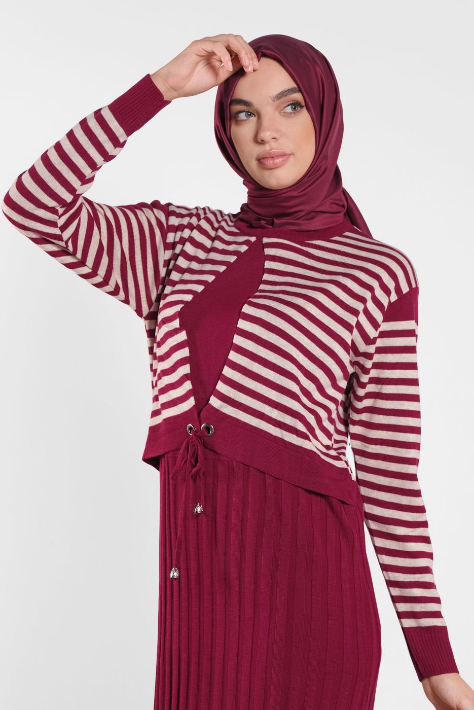 Tesettür giyim FUŞYA ÇİZGİLİ ELBİSE 4202 