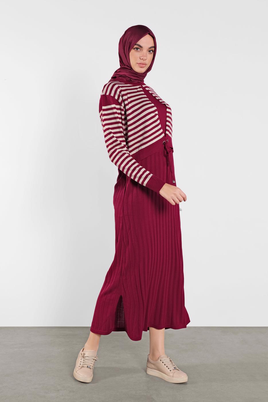 Tesettür giyim FUŞYA ÇİZGİLİ ELBİSE 4202 
