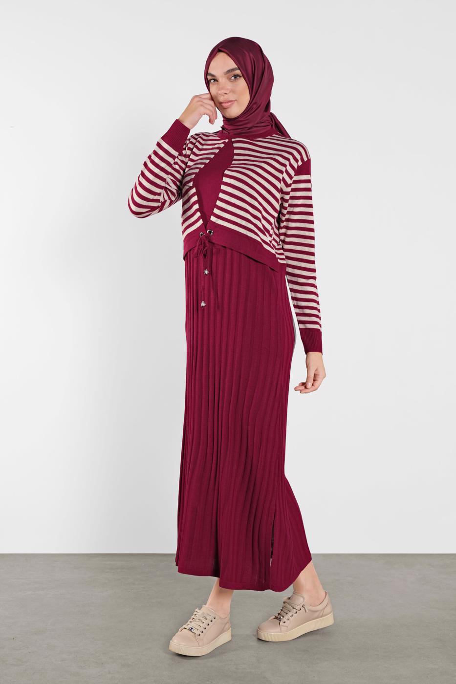 Tesettür giyim FUŞYA ÇİZGİLİ ELBİSE 4202 