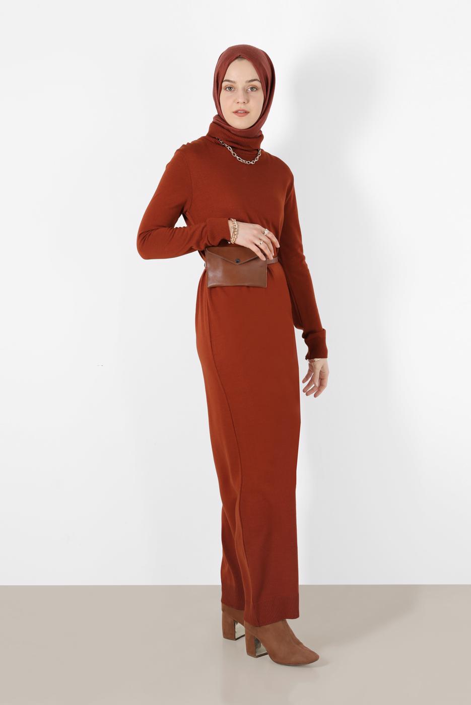Tesettür giyim KAHVE ALVİNA TRİKO ELBİSE 4527 