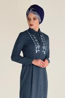 Tesettür giyim LACİVERT ALVİNA PAMUKLU NAKIŞLI ELBİSE 4647