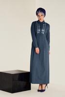 Tesettür giyim LACİVERT ALVİNA PAMUKLU NAKIŞLI ELBİSE 4647