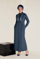 Tesettür giyim LACİVERT ALVİNA PAMUKLU NAKIŞLI ELBİSE 4647