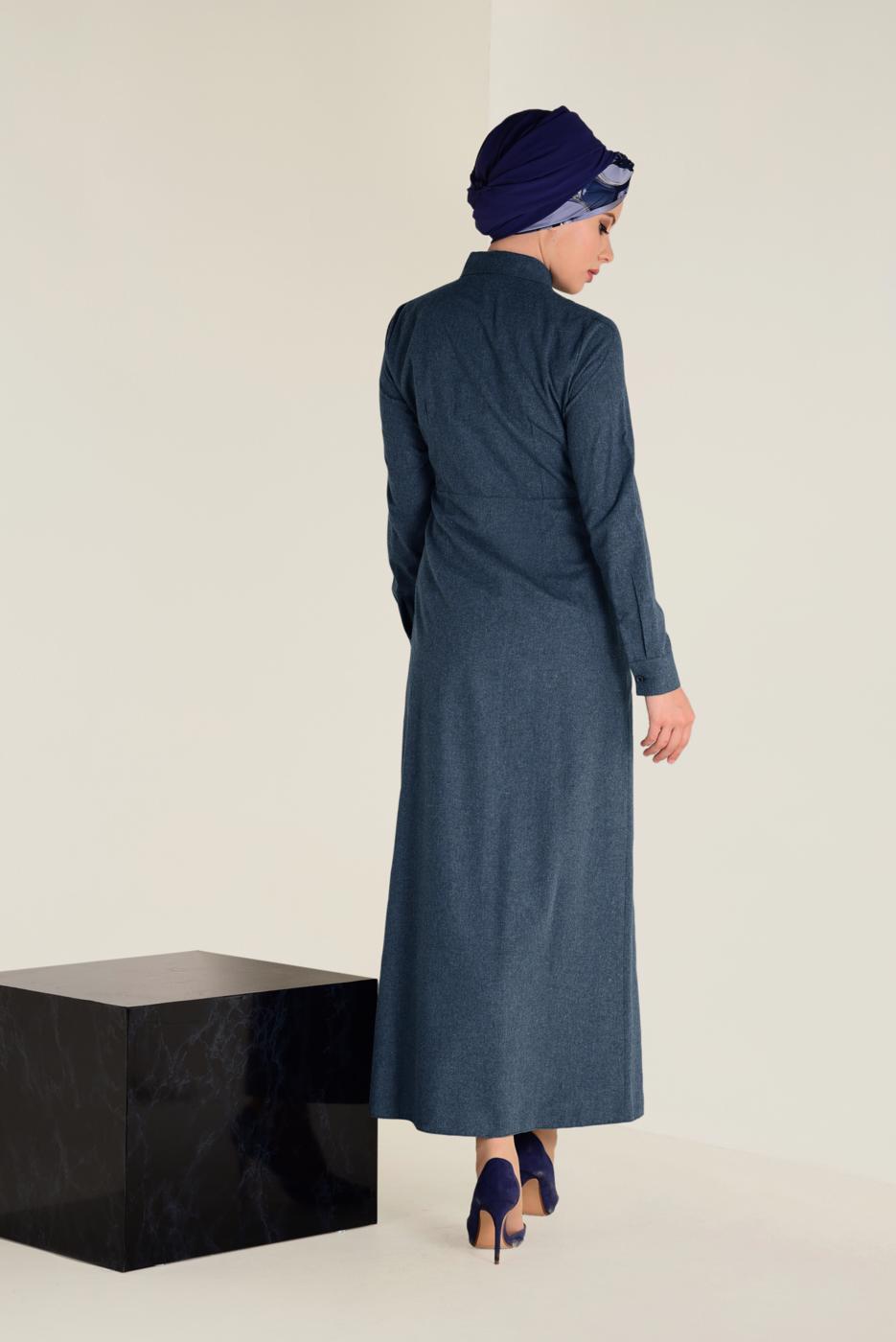 Tesettür giyim LACİVERT ALVİNA PAMUKLU NAKIŞLI ELBİSE 4647