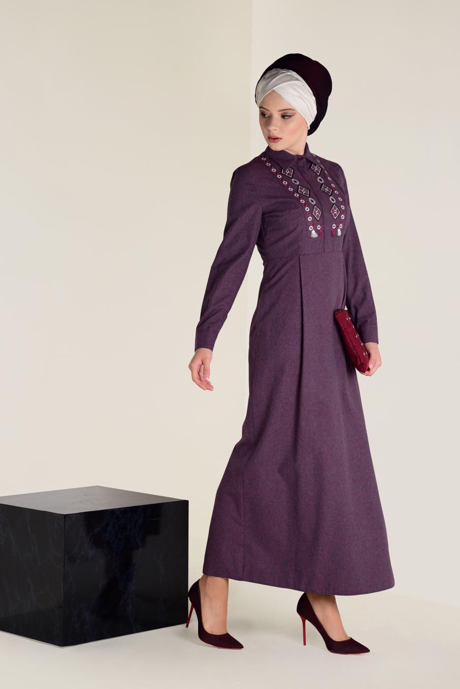 Tesettür giyim LACİVERT ALVİNA PAMUKLU NAKIŞLI ELBİSE 4647