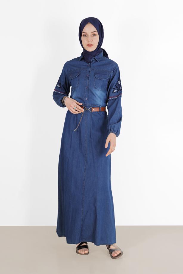 Hijab clothing BLUE ALVİNA EMBROIDERED POCKET DETAIL DENIM DRESS 4819  - TRENDTESETTÜR