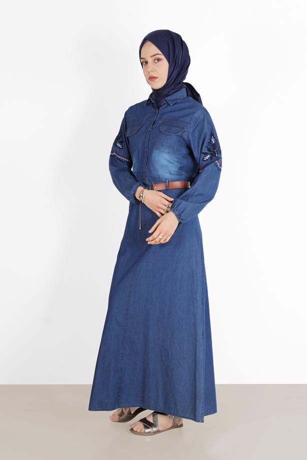 Hijab clothing BLUE ALVİNA EMBROIDERED POCKET DETAIL DENIM DRESS 4819  - TRENDTESETTÜR