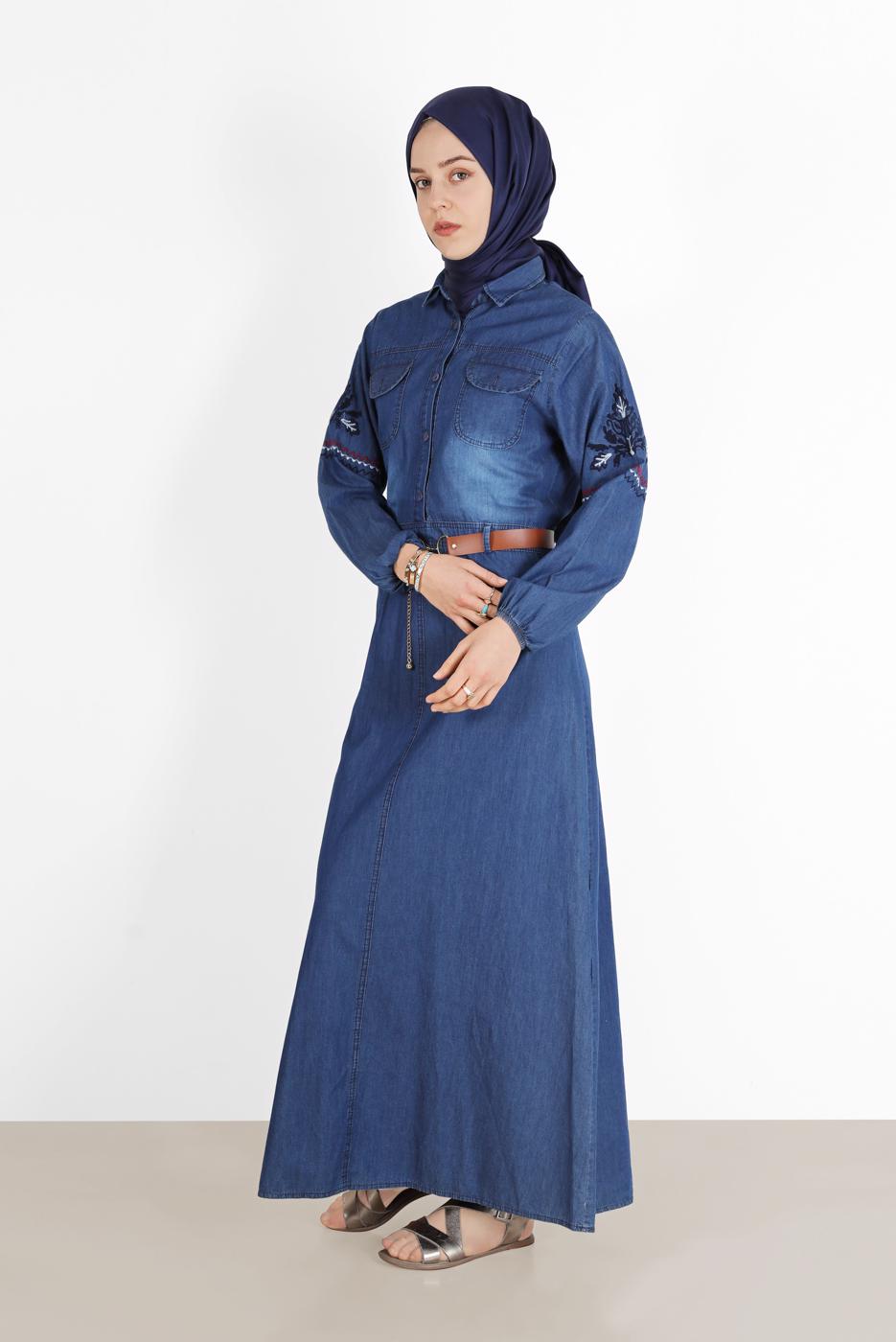 Hijab clothing BLUE ALVİNA EMBROIDERED POCKET DETAIL DENIM DRESS 4819 