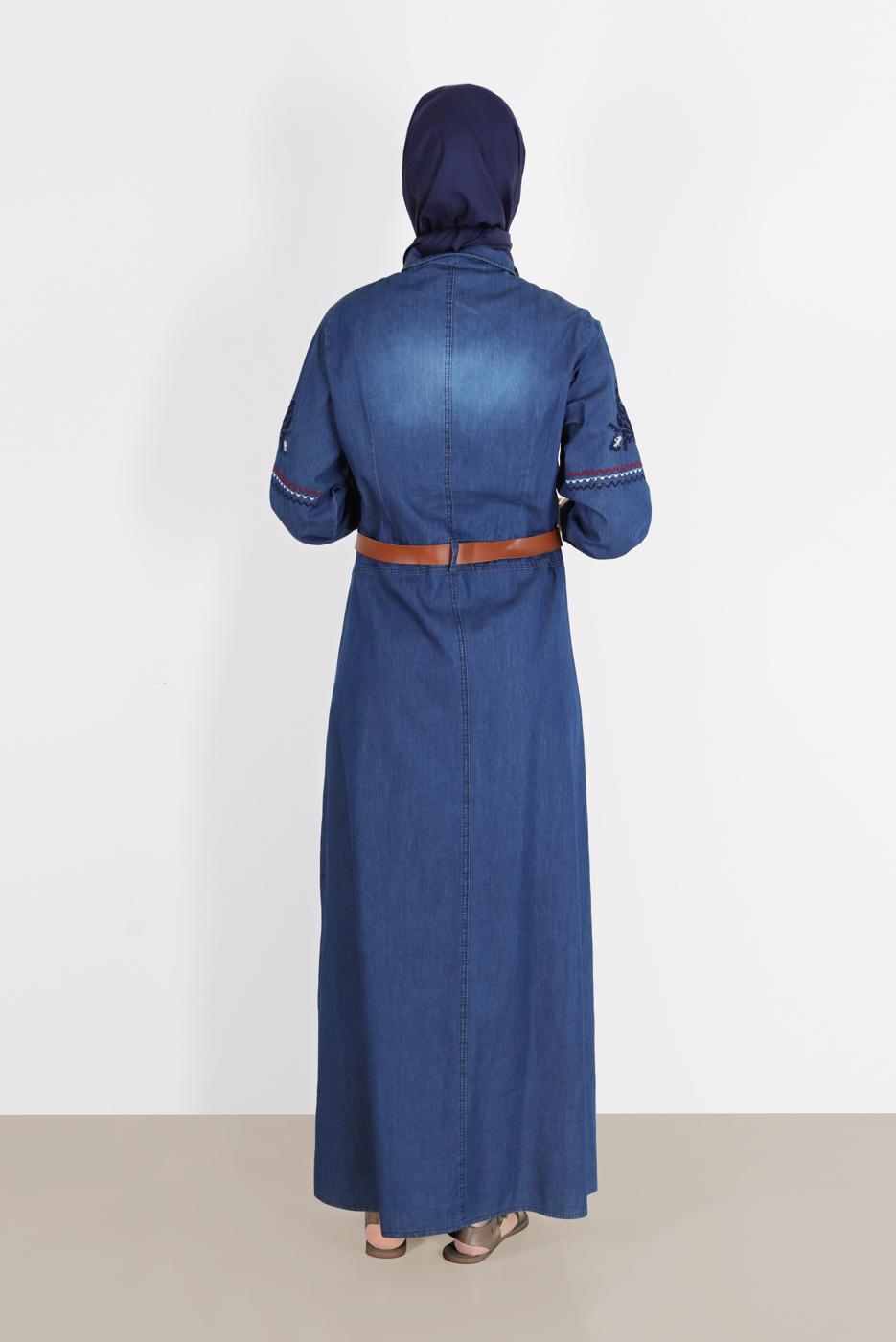 Hijab clothing BLUE ALVİNA EMBROIDERED POCKET DETAIL DENIM DRESS 4819 