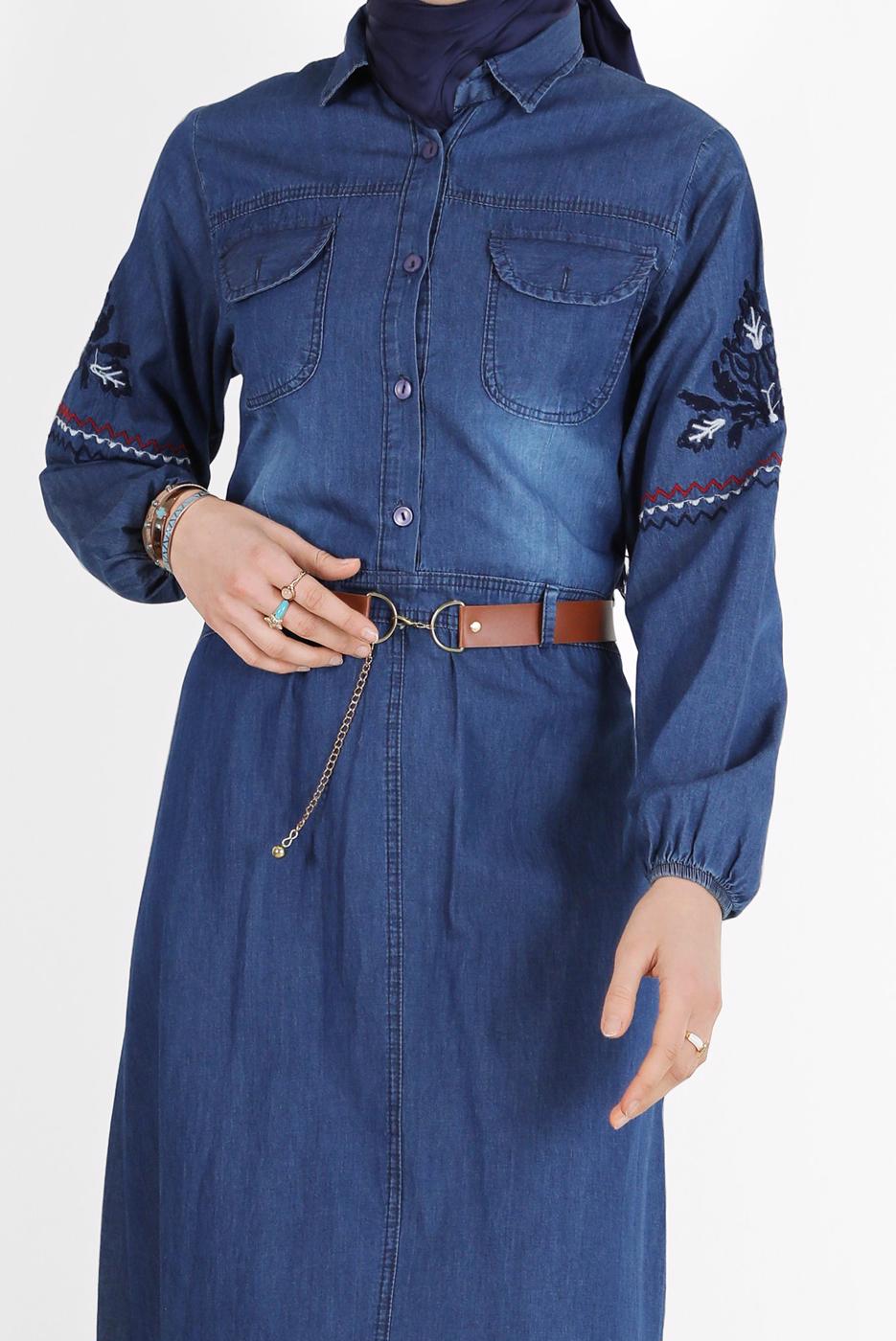Hijab clothing BLUE ALVİNA EMBROIDERED POCKET DETAIL DENIM DRESS 4819 