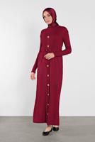 Tesettür giyim BORDO DÜĞMELİ BAĞCIKLI ELBİSE 5202 