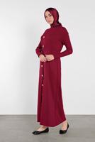 Tesettür giyim BORDO DÜĞMELİ BAĞCIKLI ELBİSE 5202 