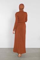 Tesettür giyim TABA DÜĞMELİ BAĞCIKLI ELBİSE 5202 