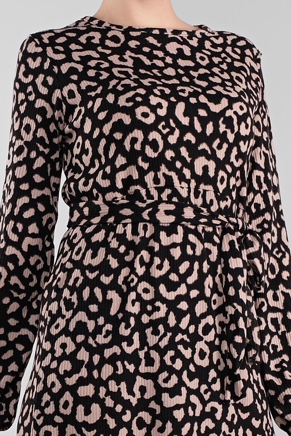 Tesettür giyim SİYAH DESENLİ KUŞAKLI ELBİSE 5746 