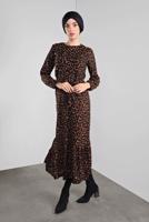 Tesettür giyim SİYAH DESENLİ KUŞAKLI ELBİSE 5746 